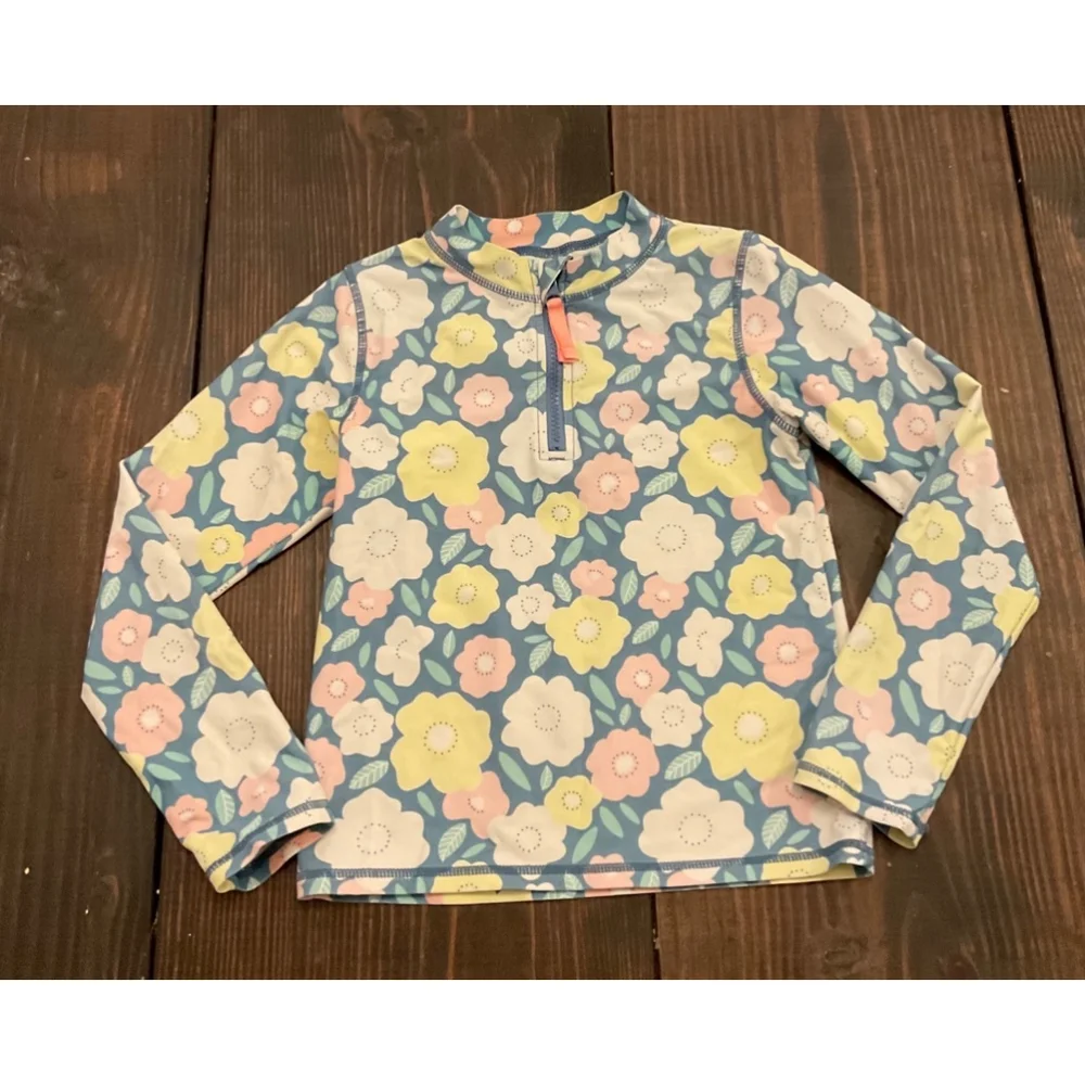 Girls Ruffle Butts Swimsuit top rash guard size 8 Blue Yellow floral